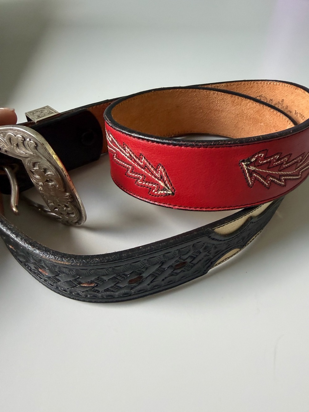 Vintage Chili Collection by Nocona Stitched Western Leather Belt Red Black 32